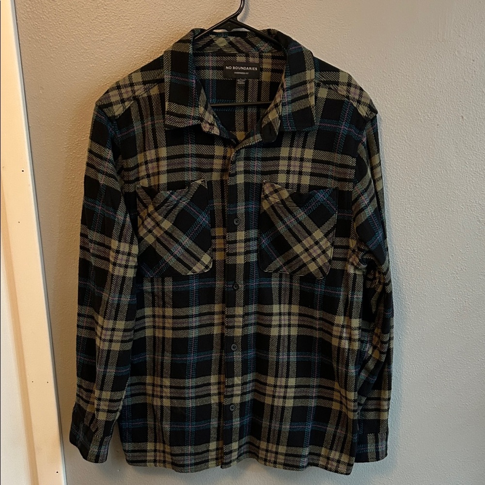 No Boundaries Black and Purple Plaid Shirt